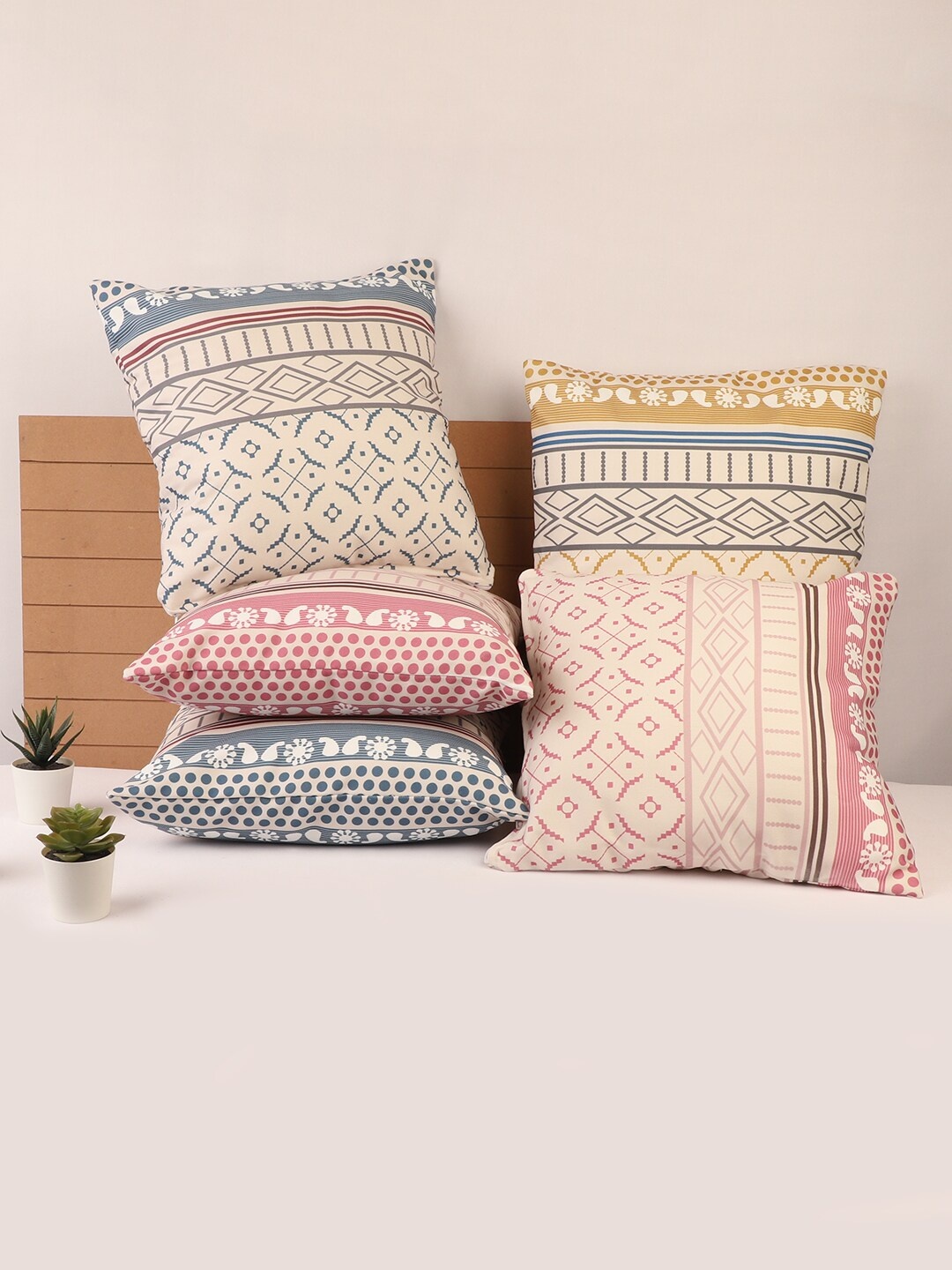 

STITCHNEST Multicoloured Set of 5 Ethnic Motifs Square Cushion Covers, Multi