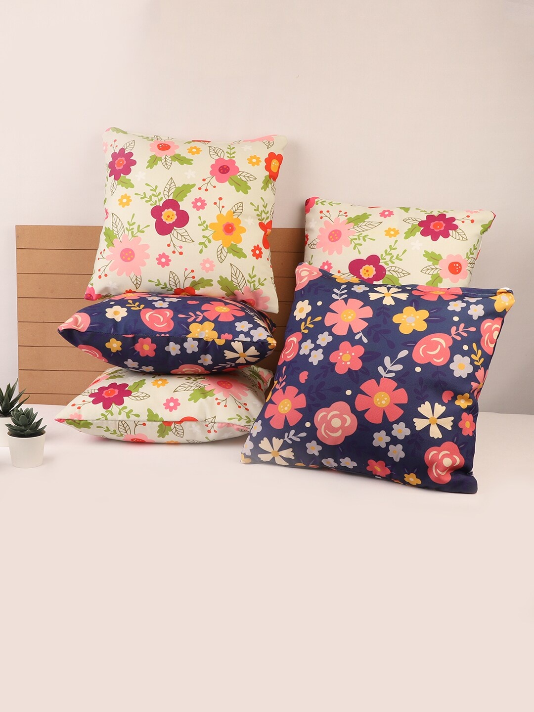

STITCHNEST Multicoloured Set of 5 Floral Square Cushion Covers, Multi