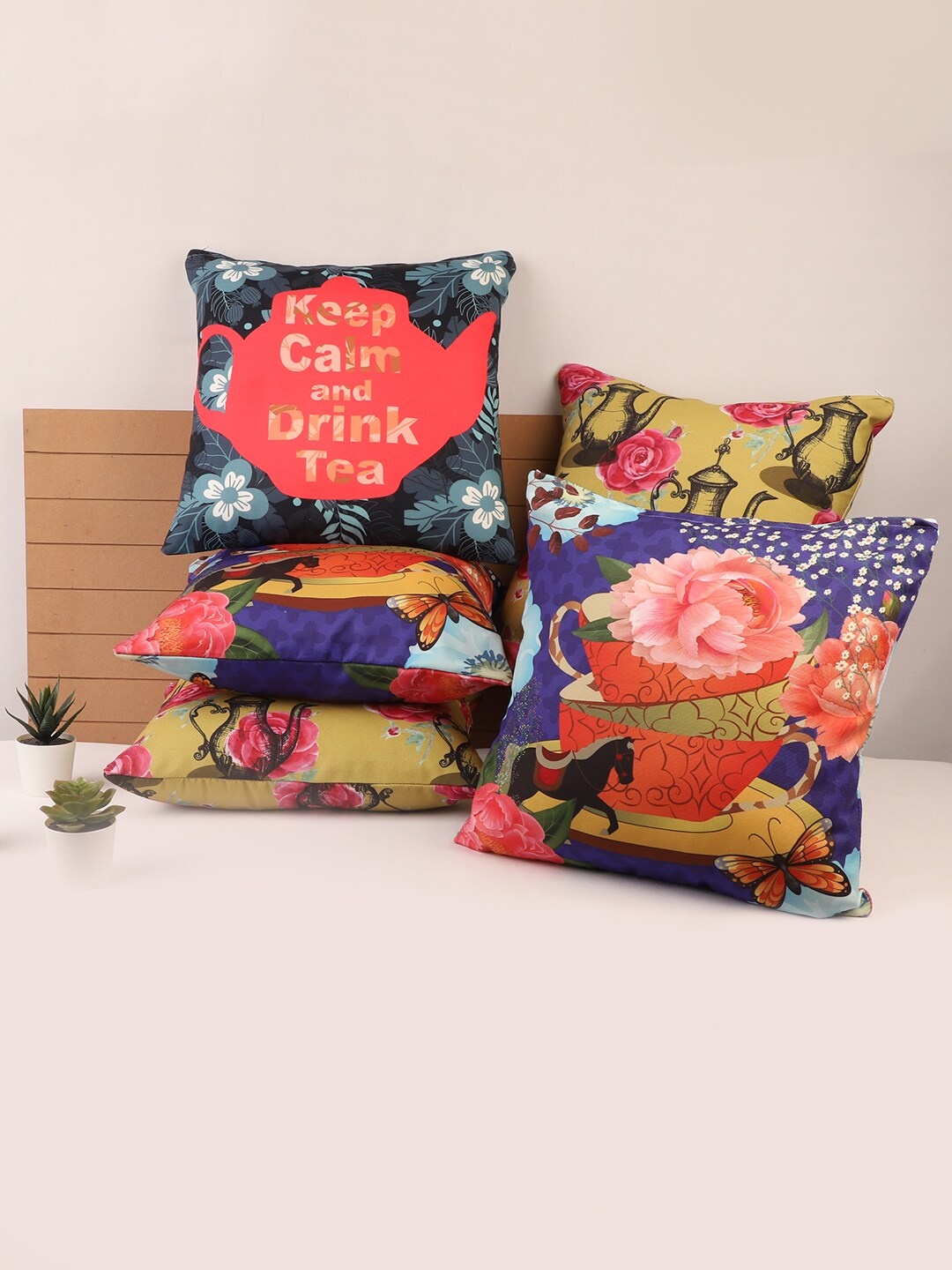 

STITCHNEST Multicoloured Set of 5 Floral Square Cushion Covers, Multi