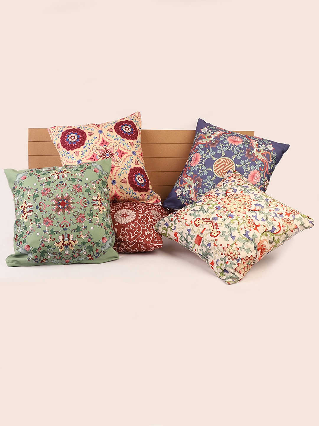 

STITCHNEST Multicoloured Set of 5 Floral Square Cushion Covers, Multi