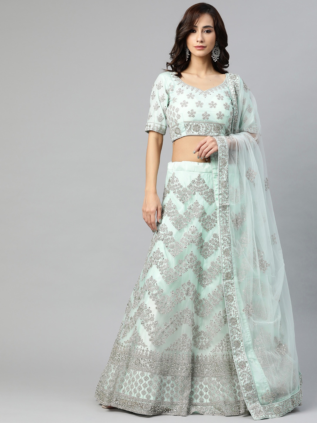 

SHUBHVASTRA Sea Green & Silver Semi-Stitched Lehenga & Unstitched Blouse With Dupatta