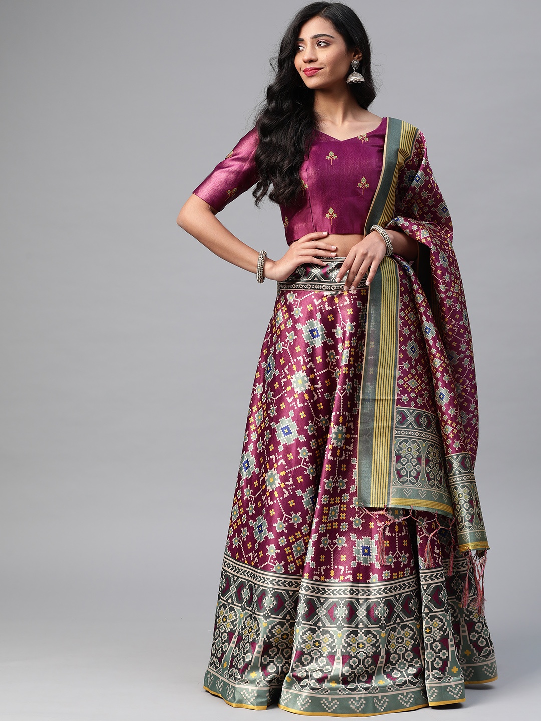 

SHUBHVASTRA Burgundy Printed Semi-Stitched Lehenga & Unstitched Blouse With Dupatta