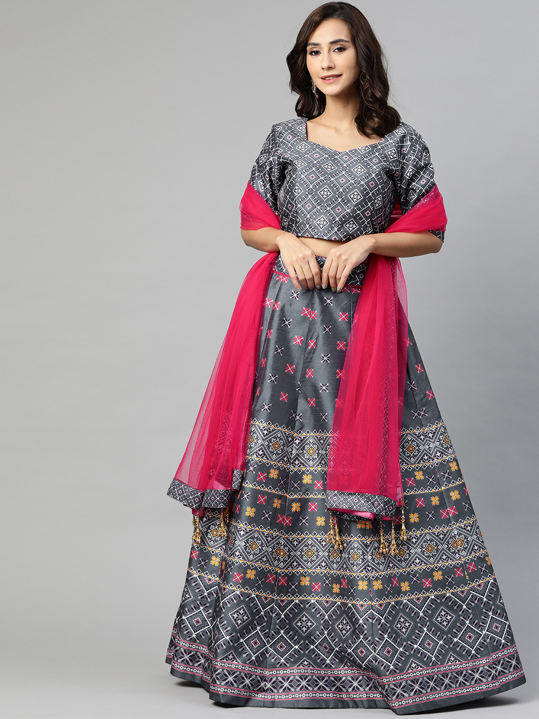

SHUBHVASTRA Charcoal & White Printed Semi-Stitched Lehenga & Unstitched Blouse With Dupatta