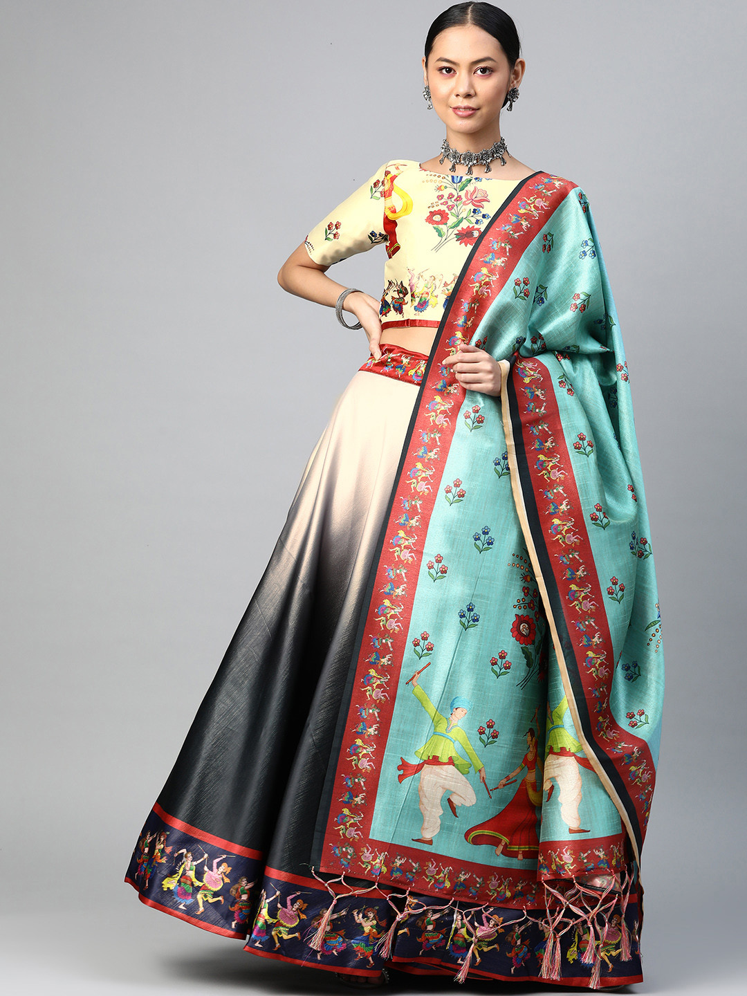 

SHUBHVASTRA Off White & Black Printed Semi-Stitched Lehenga & Unstitched Blouse With Dupatta