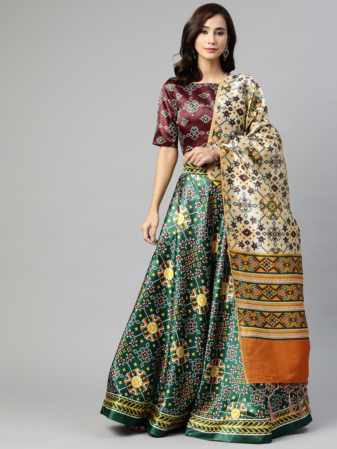 

SHUBHVASTRA Purple & Green Printed Semi-Stitched Lehenga & Unstitched Blouse With Dupatta