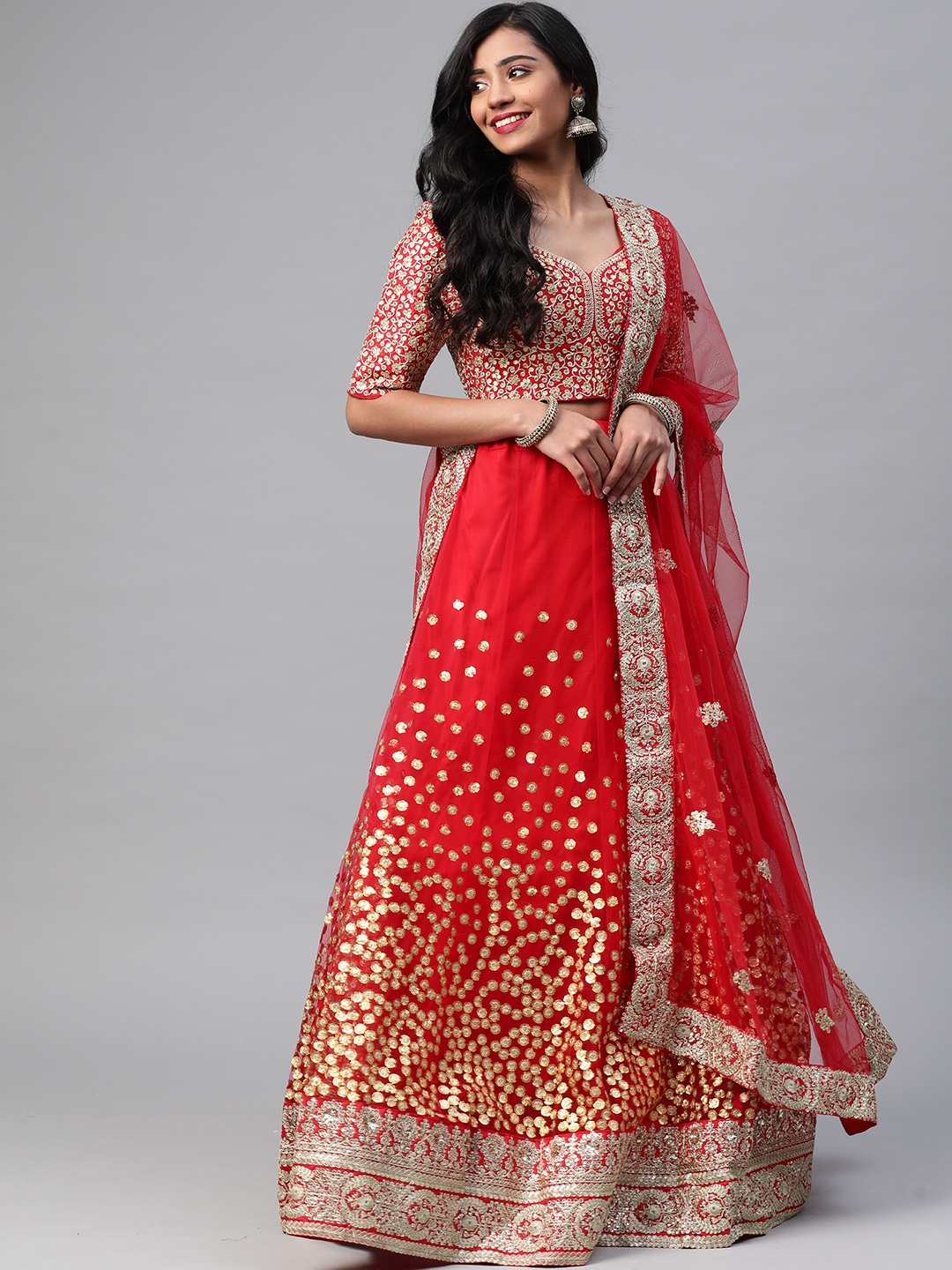 

SHUBHVASTRA Red & Gold-Toned Embroidered Sequinned Semi-Stitched Lehenga & Unstitched Blouse With Dupatta