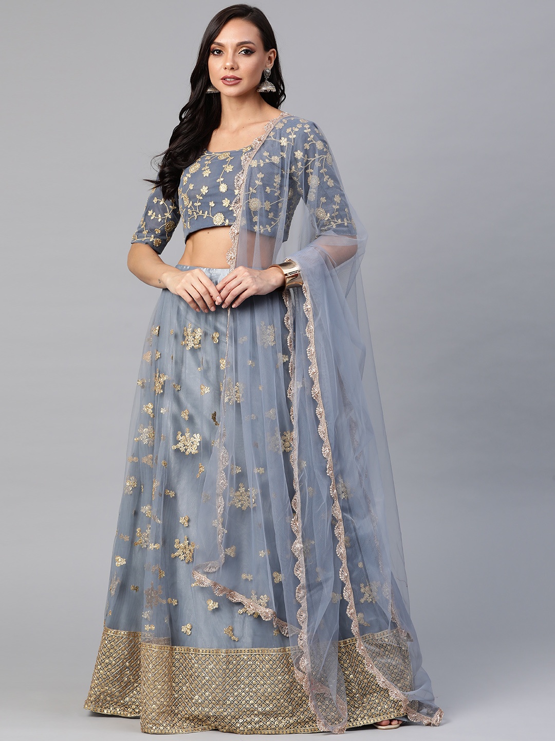 

SHUBHVASTRA Grey Embroidered Semi-Stitched Lehenga & Unstitched Blouse With Dupatta