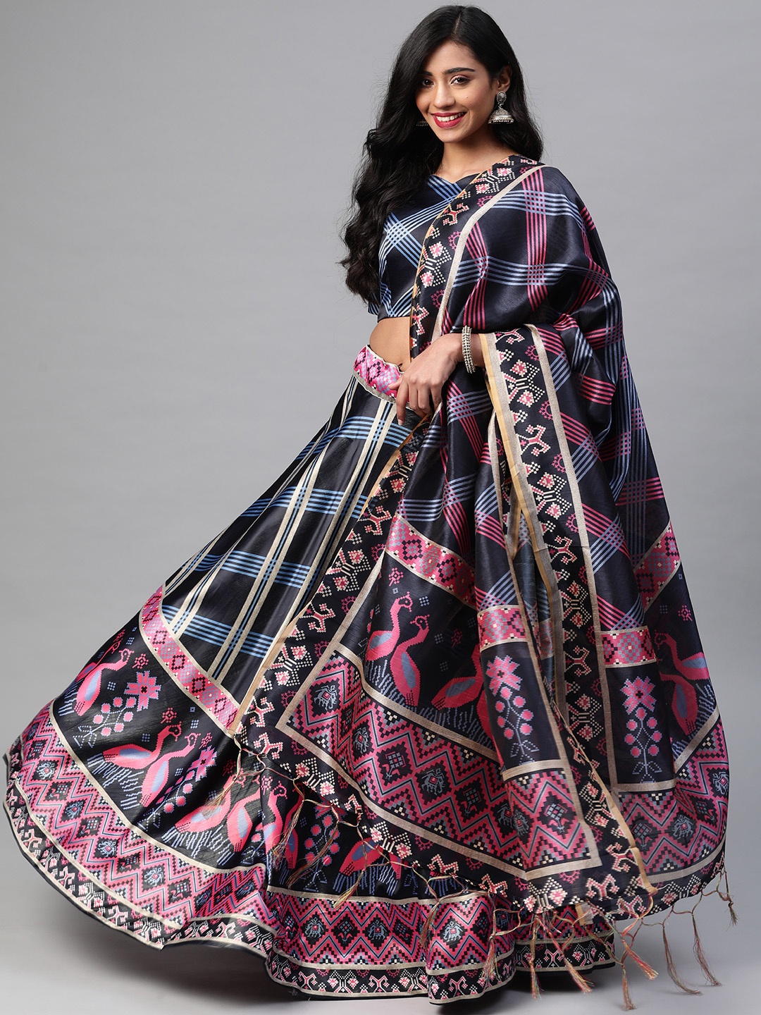 

SHUBHVASTRA Navy Blue & Printed Semi-Stitched Lehenga & Unstitched Blouse With Dupatta