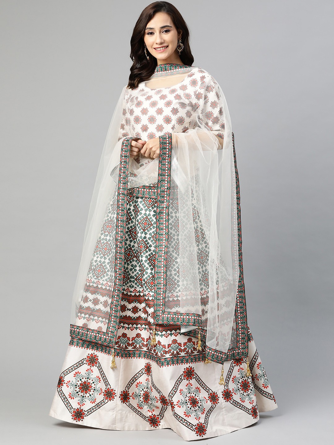 

SHUBHVASTRA Beige & Red Printed Semi-Stitched Lehenga & Unstitched Blouse With Dupatta