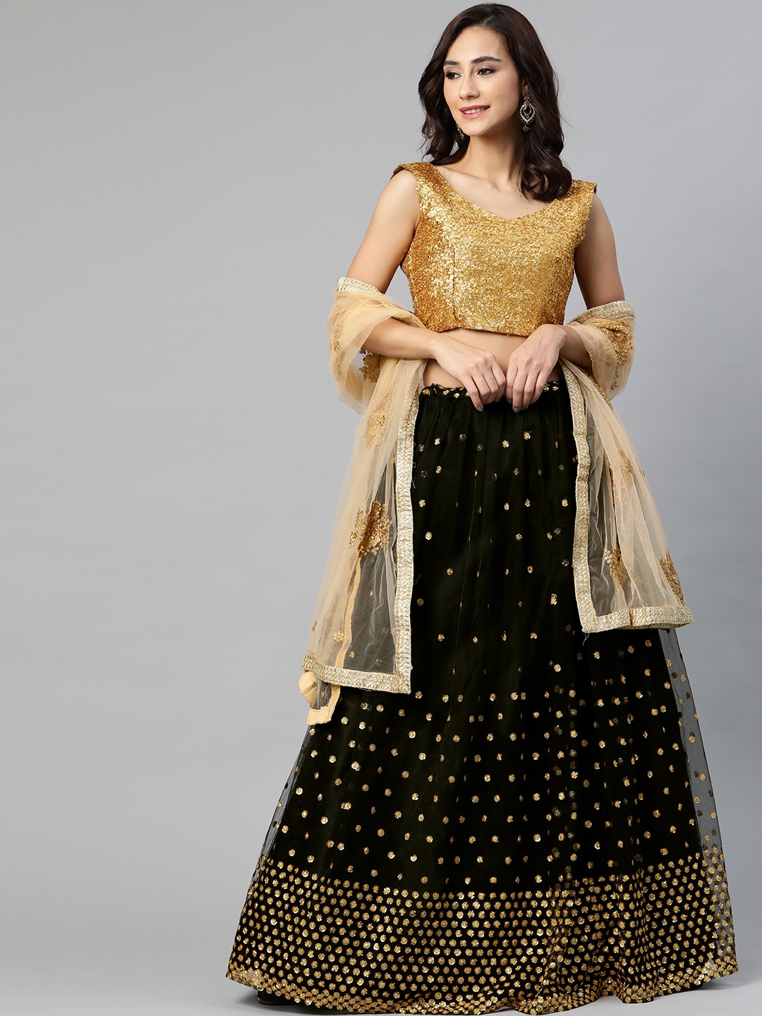 

SHUBHVASTRA Black & Gold-Toned Embroidered Sequinned Semi-Stitched Lehenga & Unstitched Blouse With Dupatta