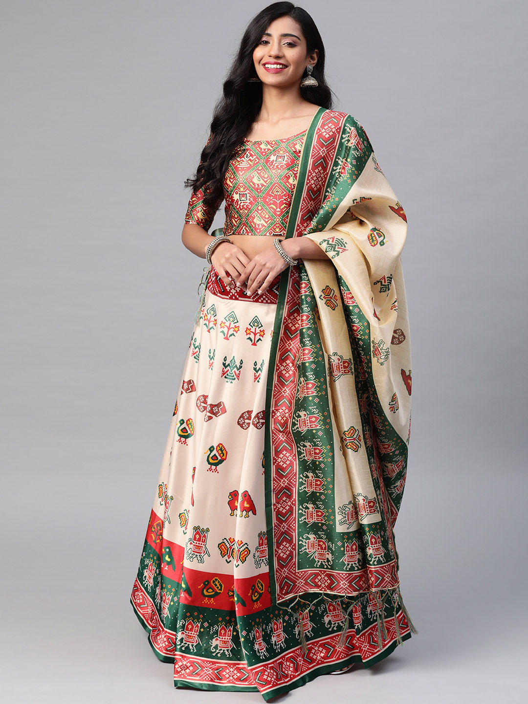 

SHUBHVASTRA Off White & Red Printed Semi-Stitched Lehenga & Unstitched Blouse With Dupatta