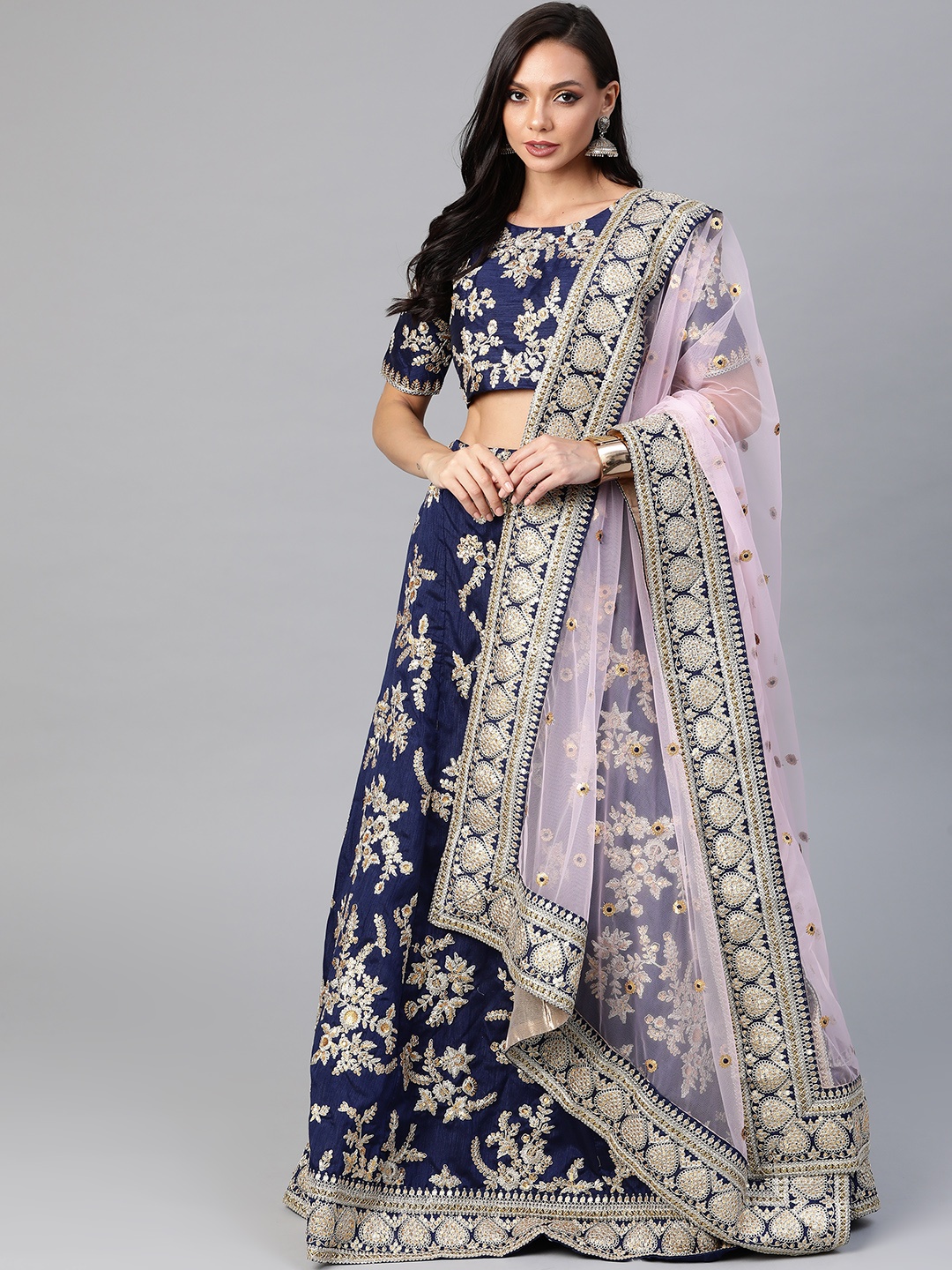

SHUBHVASTRA Navy Blue & White Embroidered Sequinned Semi-Stitched Lehenga & Unstitched Blouse With Dupatta