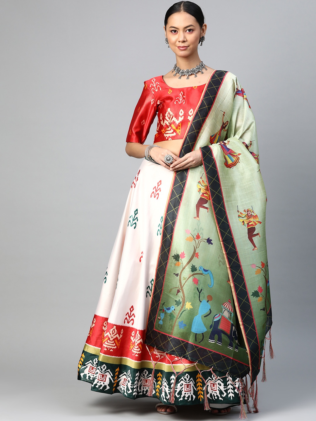 

SHUBHVASTRA Off White & Red Printed Semi-Stitched Lehenga & Unstitched Blouse With Dupatta