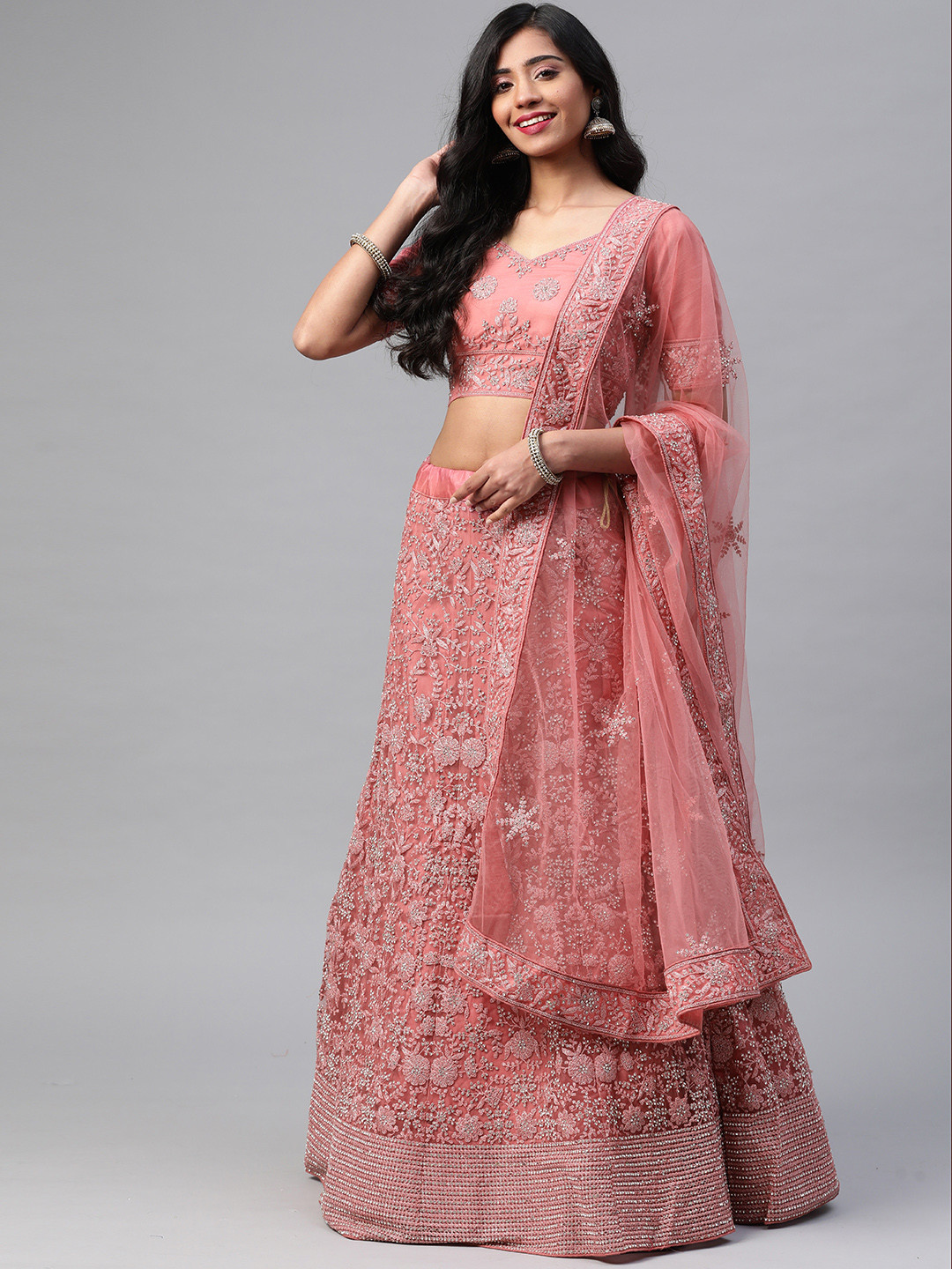 

SHUBHVASTRA Coral Pink Embroidered Semi-Stitched Lehenga & Unstitched Blouse With Dupatta