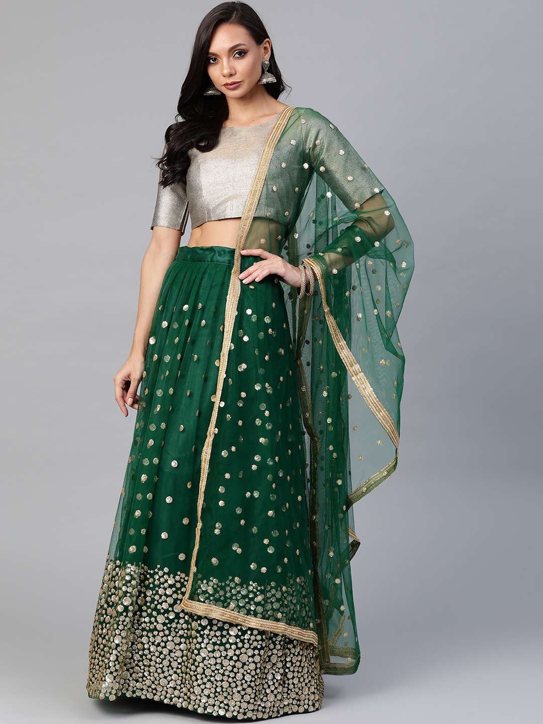 

SHUBHVASTRA Green & Gold-Toned Sequinned Semi-Stitched Lehenga & Unstitched Blouse With Dupatta