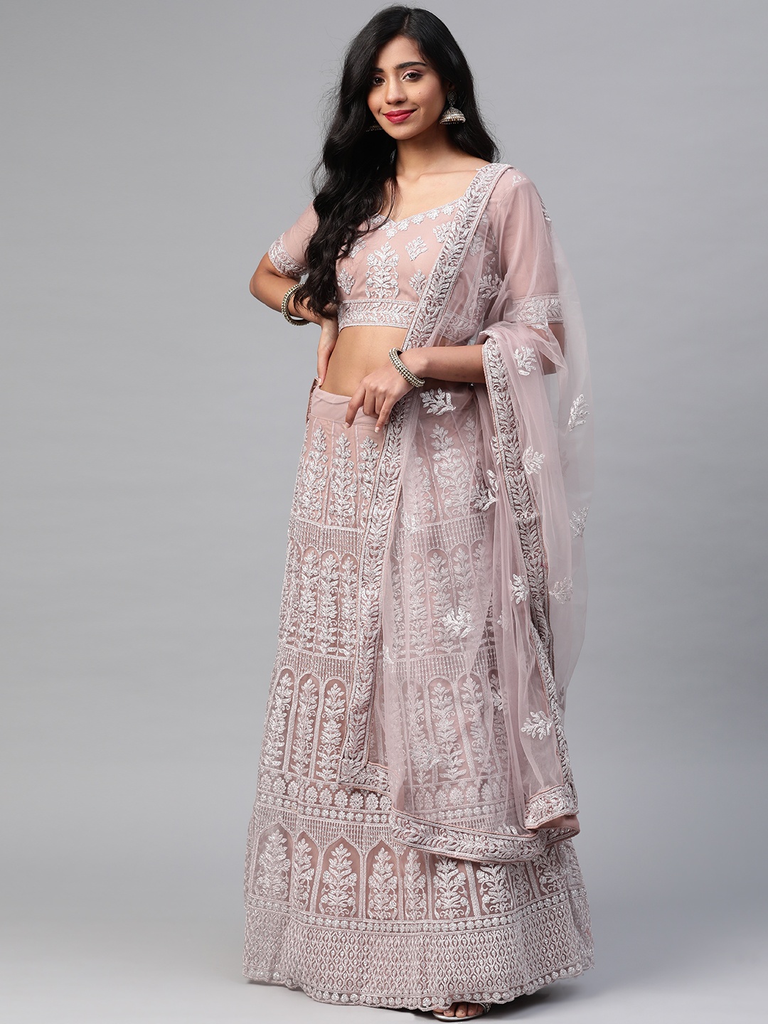 

SHUBHVASTRA Mauve & White Embroidered Sequinned Semi-Stitched Lehenga & Unstitched Blouse With Dupatta