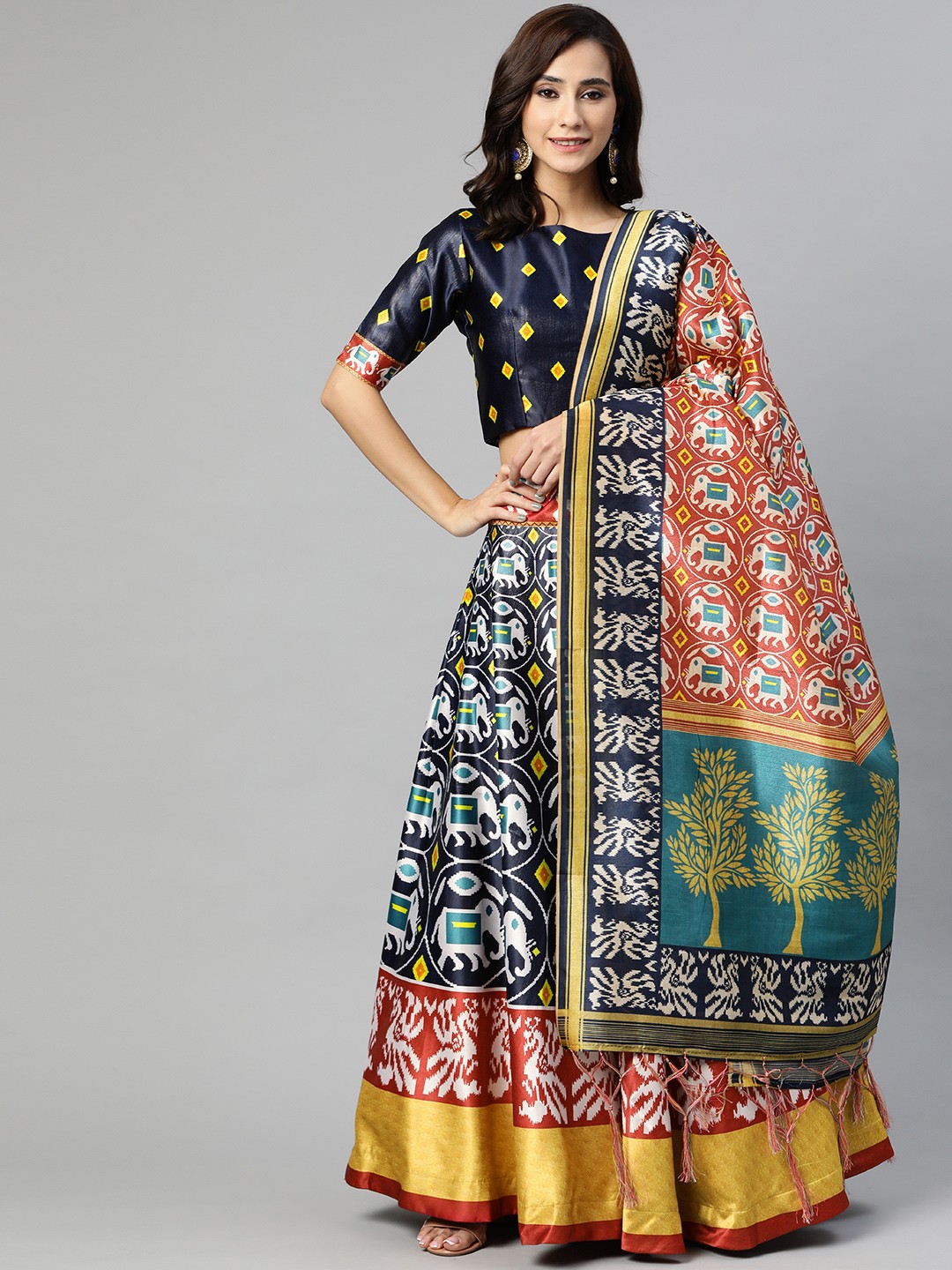 

SHUBHVASTRA Navy Blue & White Printed Semi-Stitched Lehenga & Unstitched Blouse With Dupatta