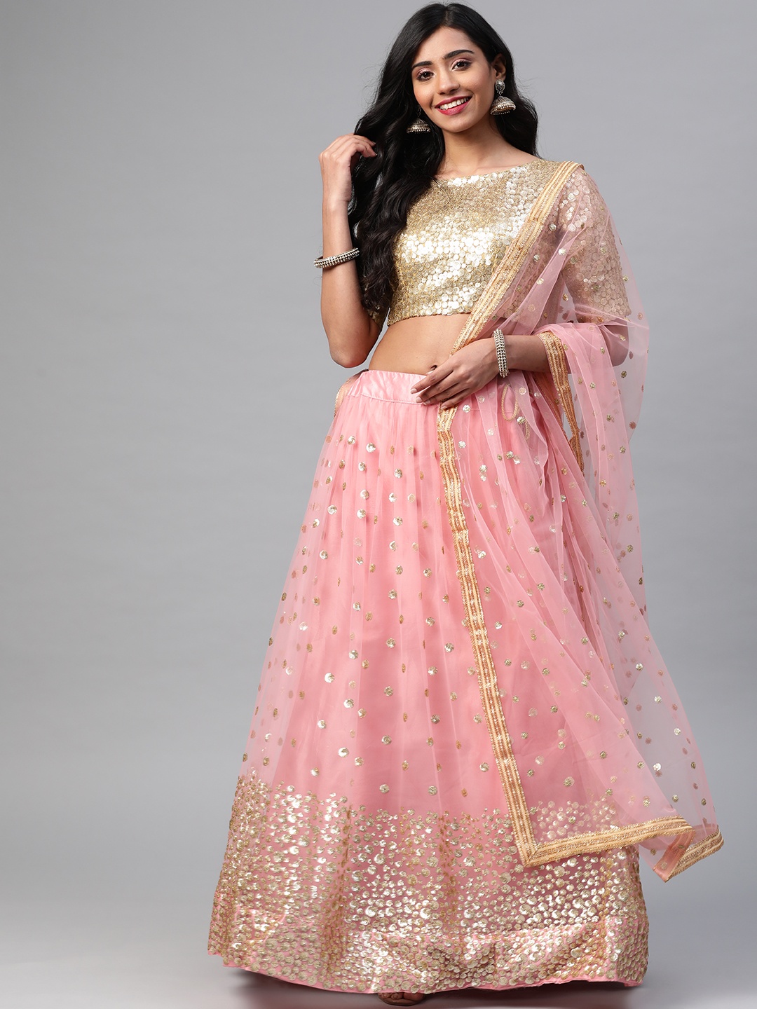 

SHUBHVASTRA Pink & Golden Embellished Semi-Stitched Lehenga & Unstitched Blouse & Dupatta