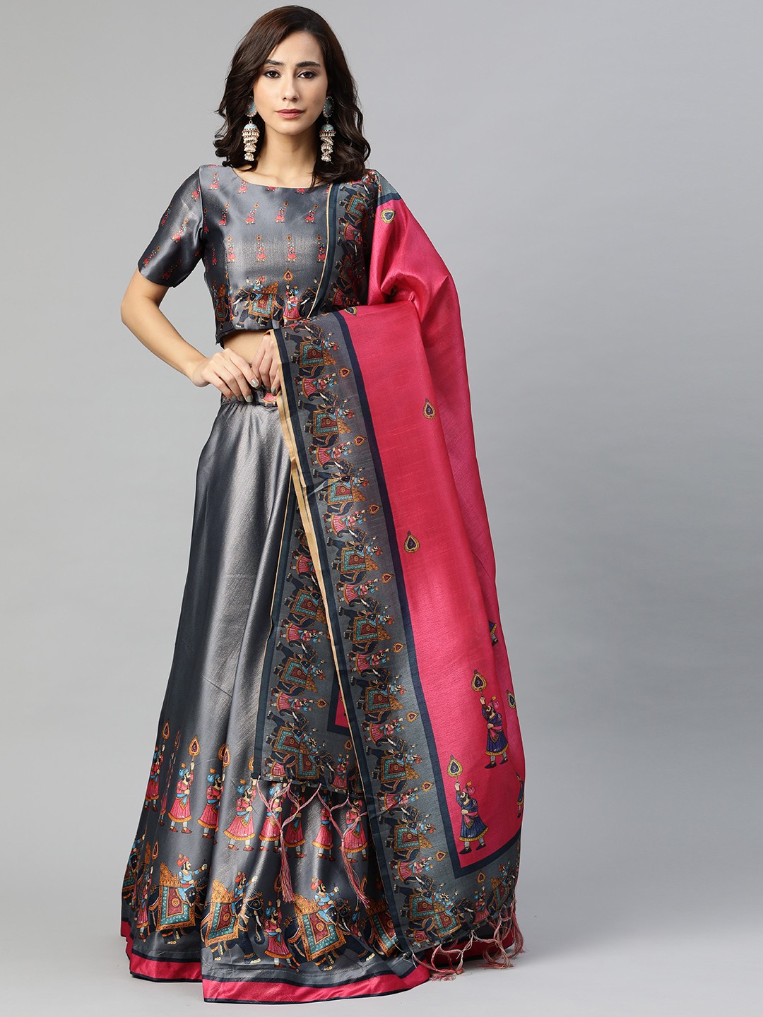 

SHUBHVASTRA Charcoal & Pink Printed Semi-Stitched Lehenga & Unstitched Blouse With Dupatta