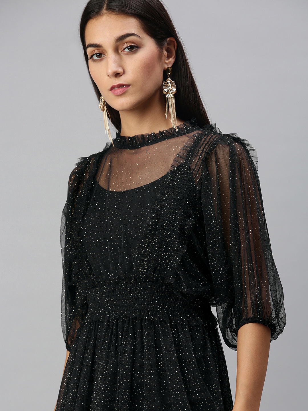 

KASSUALLY Deep Black Solid Smocked Dress