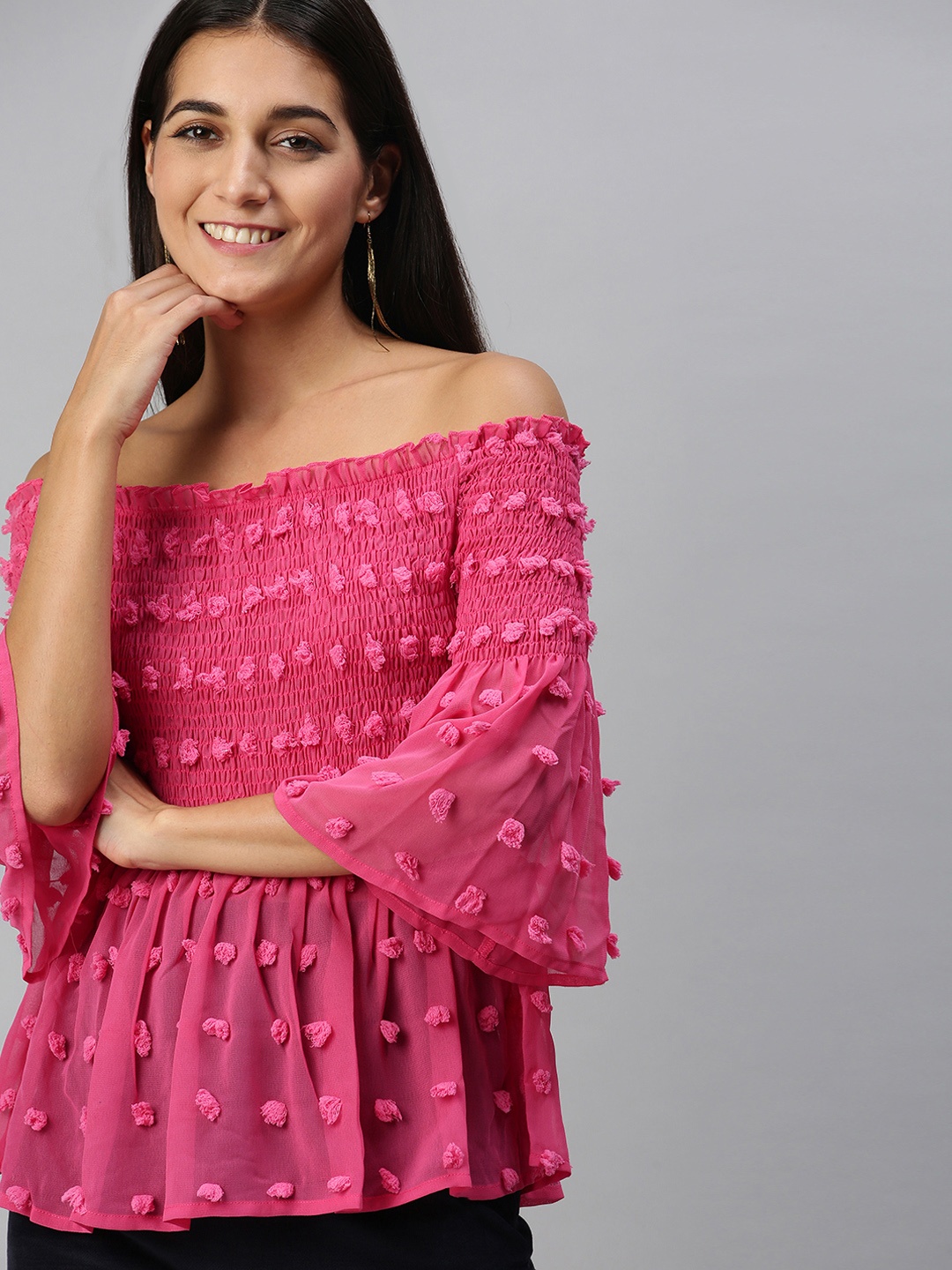 

KASSUALLY Chic Fuchsia Solid Smocked Top