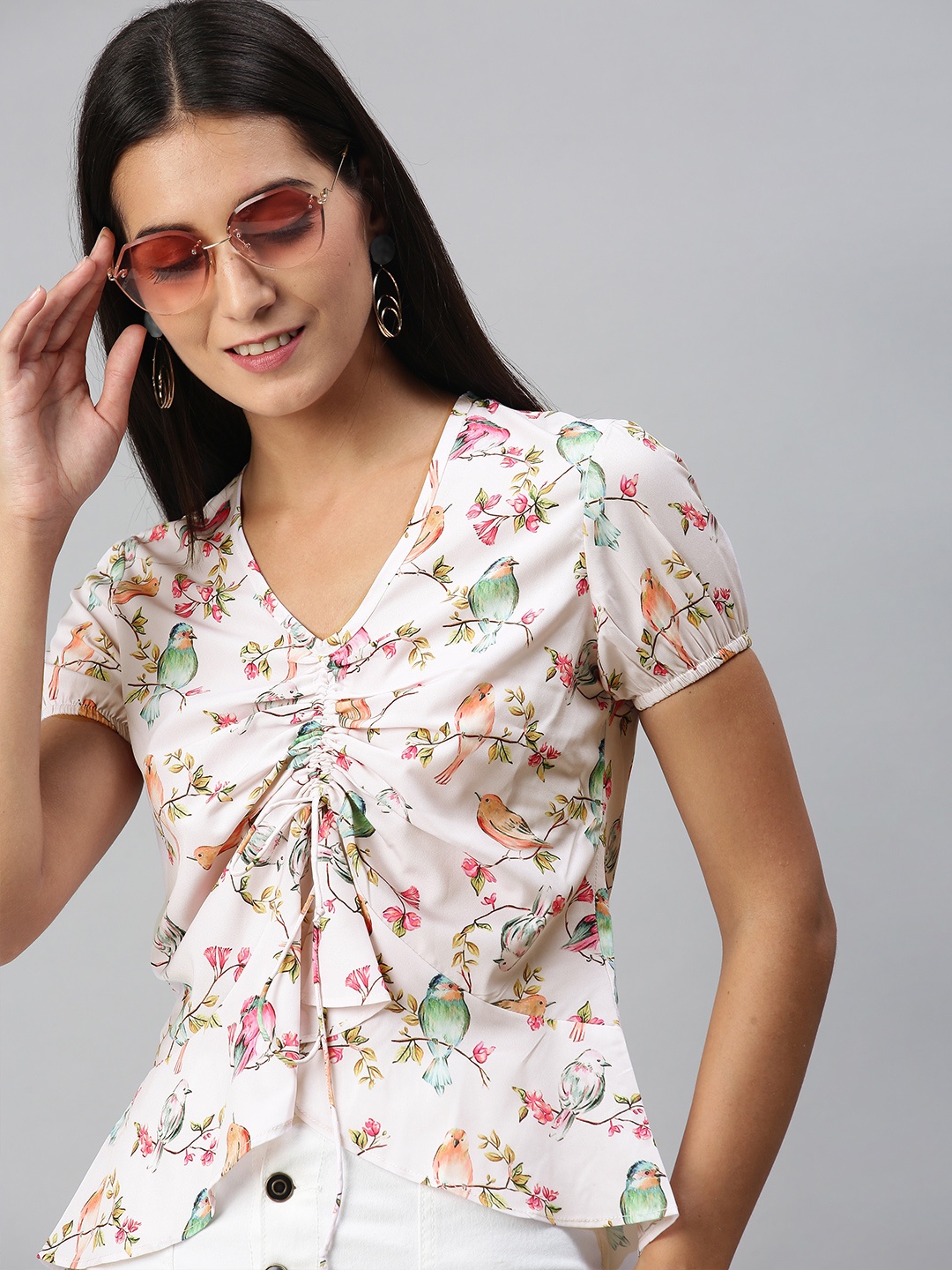 

KASSUALLY Pristine White Tropical Print Smocked Top