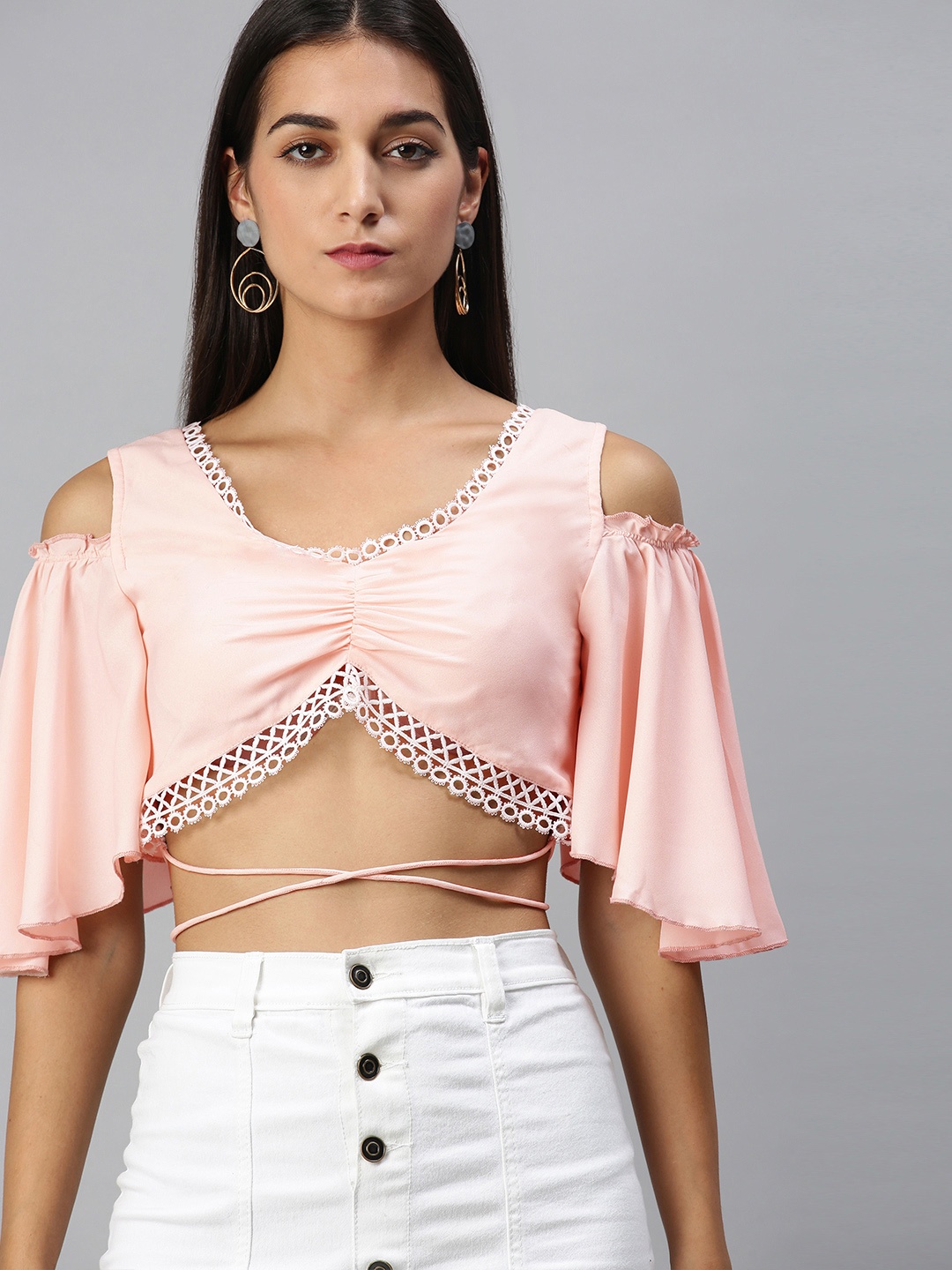 

KASSUALLY Calm Peach Solid Ruched Crop Top