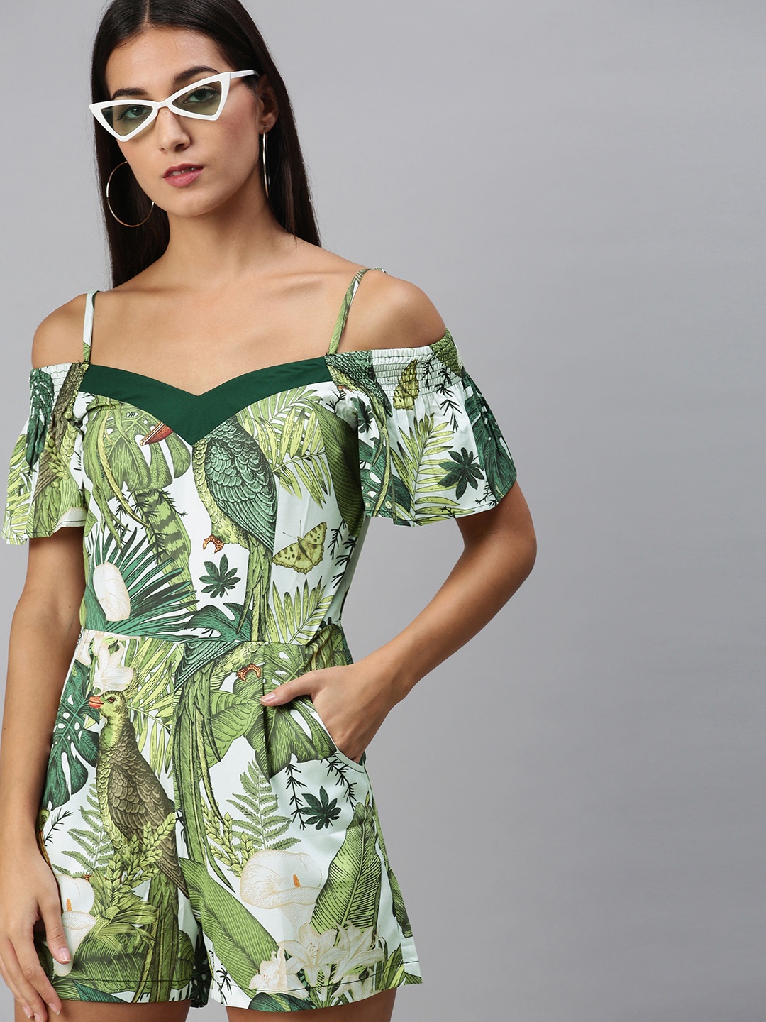 

KASSUALLY Women Olive Green Off-Shoulder Tropical Printed Jumpsuit