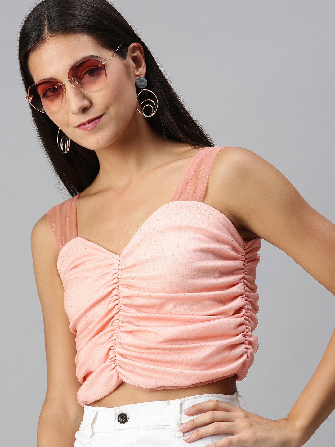 

KASSUALLY Peppy Pink Solid Smocked Crop Top