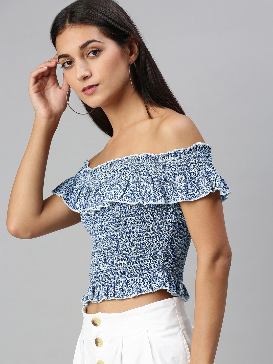

KASSUALLY Floral Print Smocked Bardot Crop Top, Blue