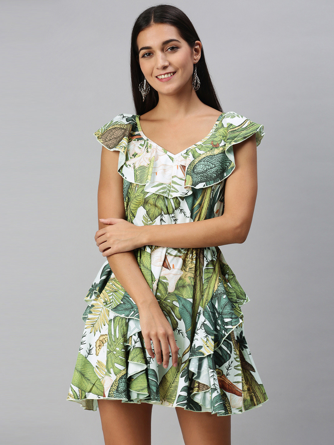 

KASSUALLY Women Green Tropical Printed with Ruffles Jumpsuit