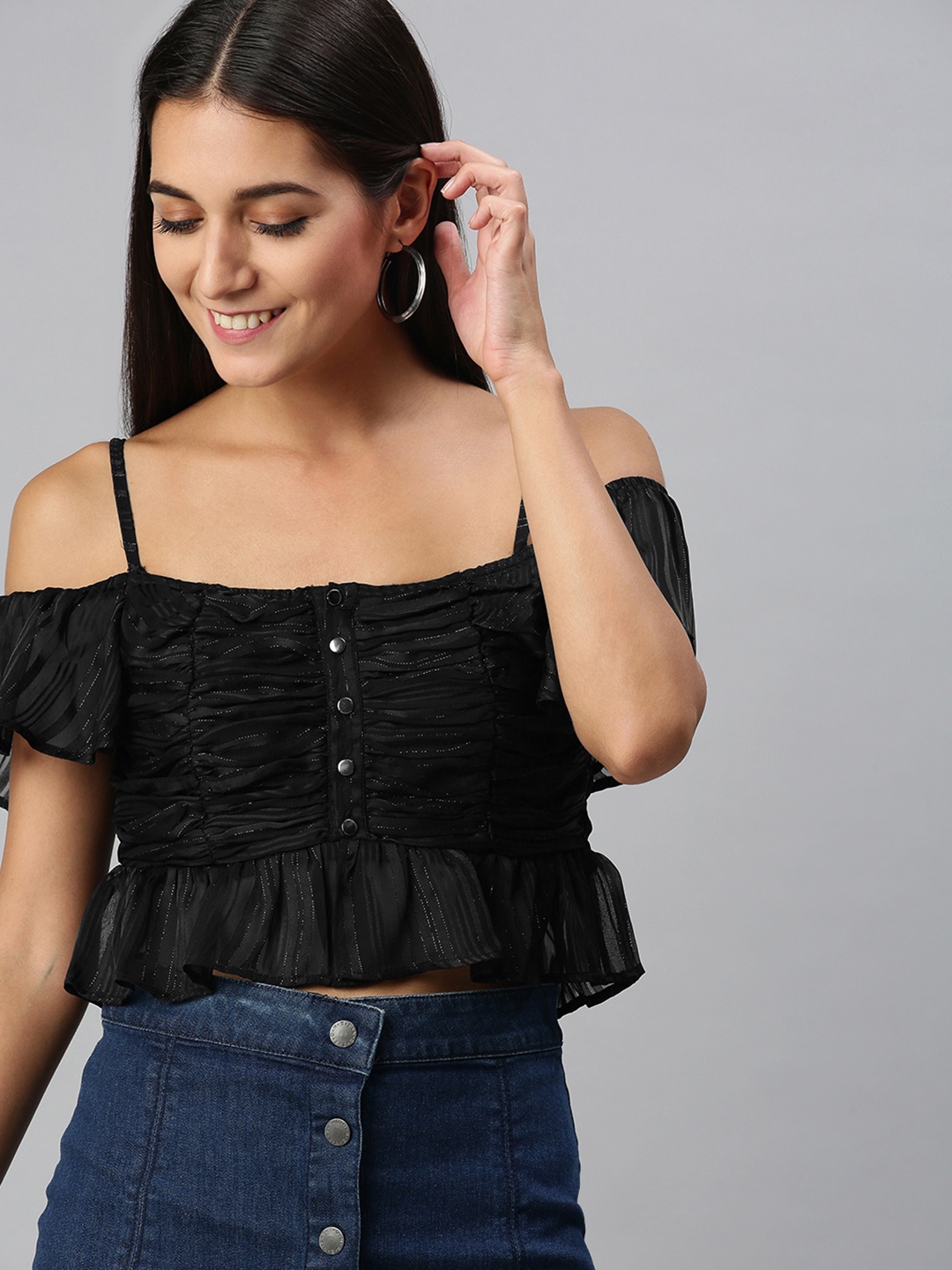 

KASSUALLY Elegant Black Embellished Smocked Crop Top