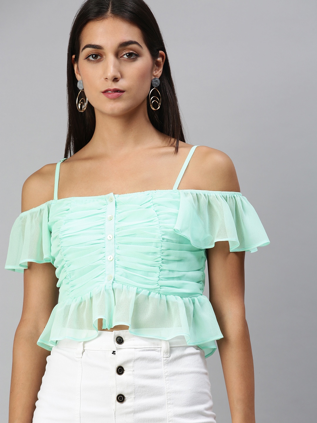 

KASSUALLY Enchanting Sea Green Solid Ruched Crop Top