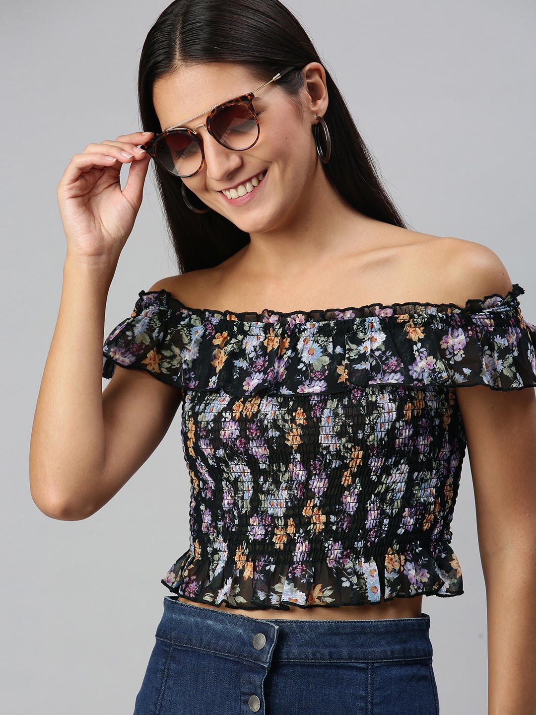 

KASSUALLY Floral Print Smocked Bardot Crop Top, Black