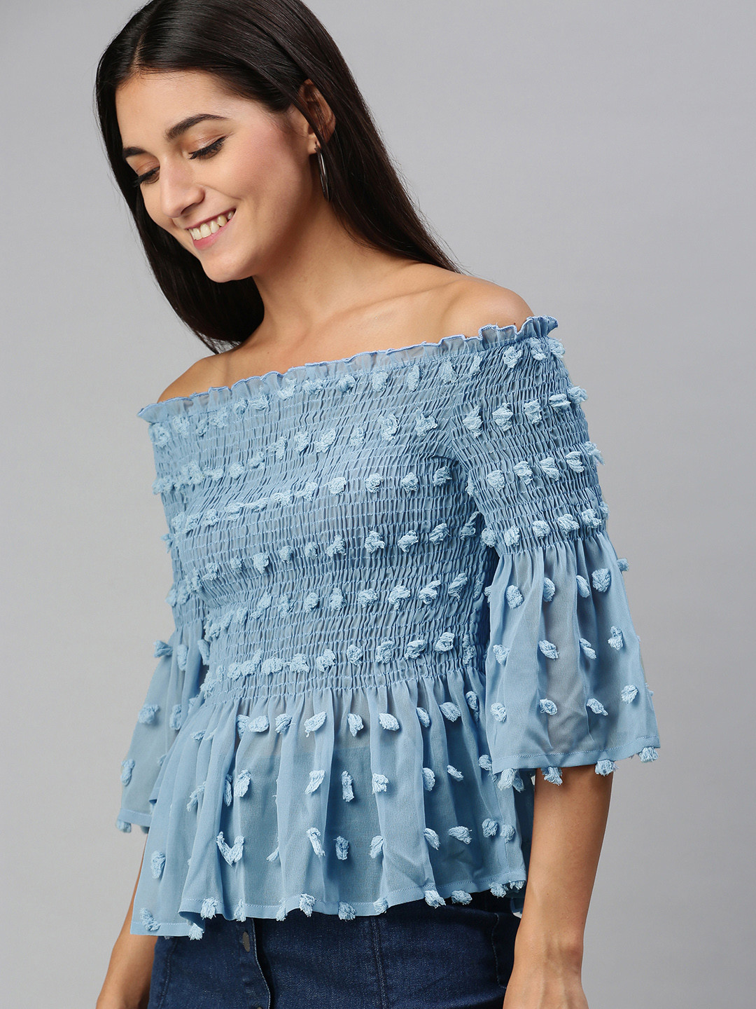 

KASSUALLY Striking Blue Solid Smocked Regular Top