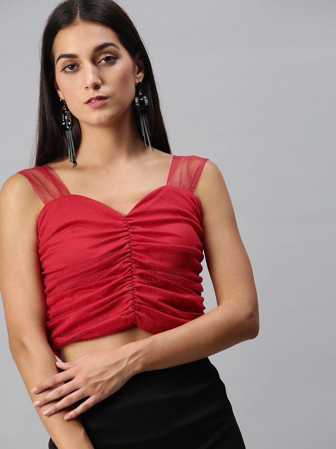 

KASSUALLY Blazing Red Embellished Ruched Crop Top