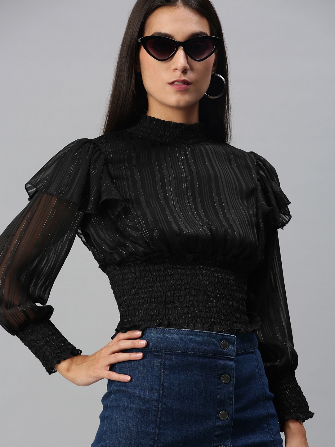 

KASSUALLY Black Solid Smocked Regular Top