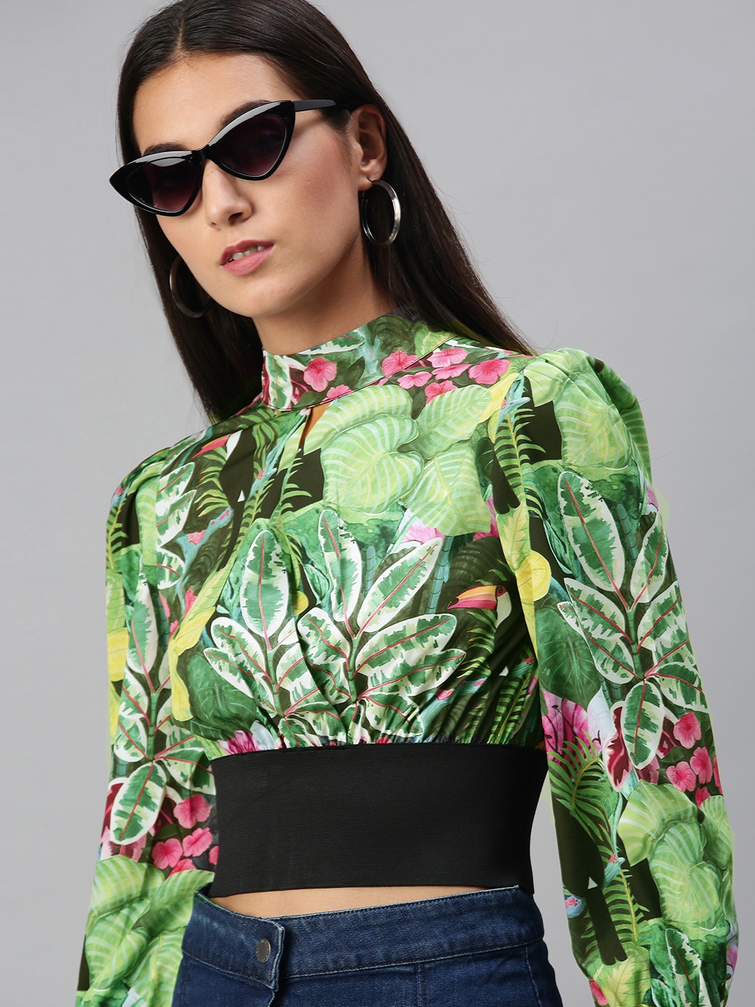 

KASSUALLY Tranquil Green Tropical Print Waist Band Crop Top