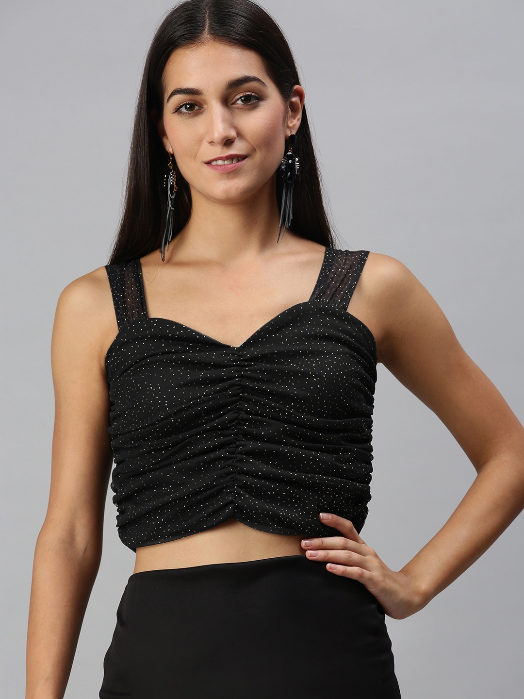 

KASSUALLY Deep Black Embellished Ruched Crop Top