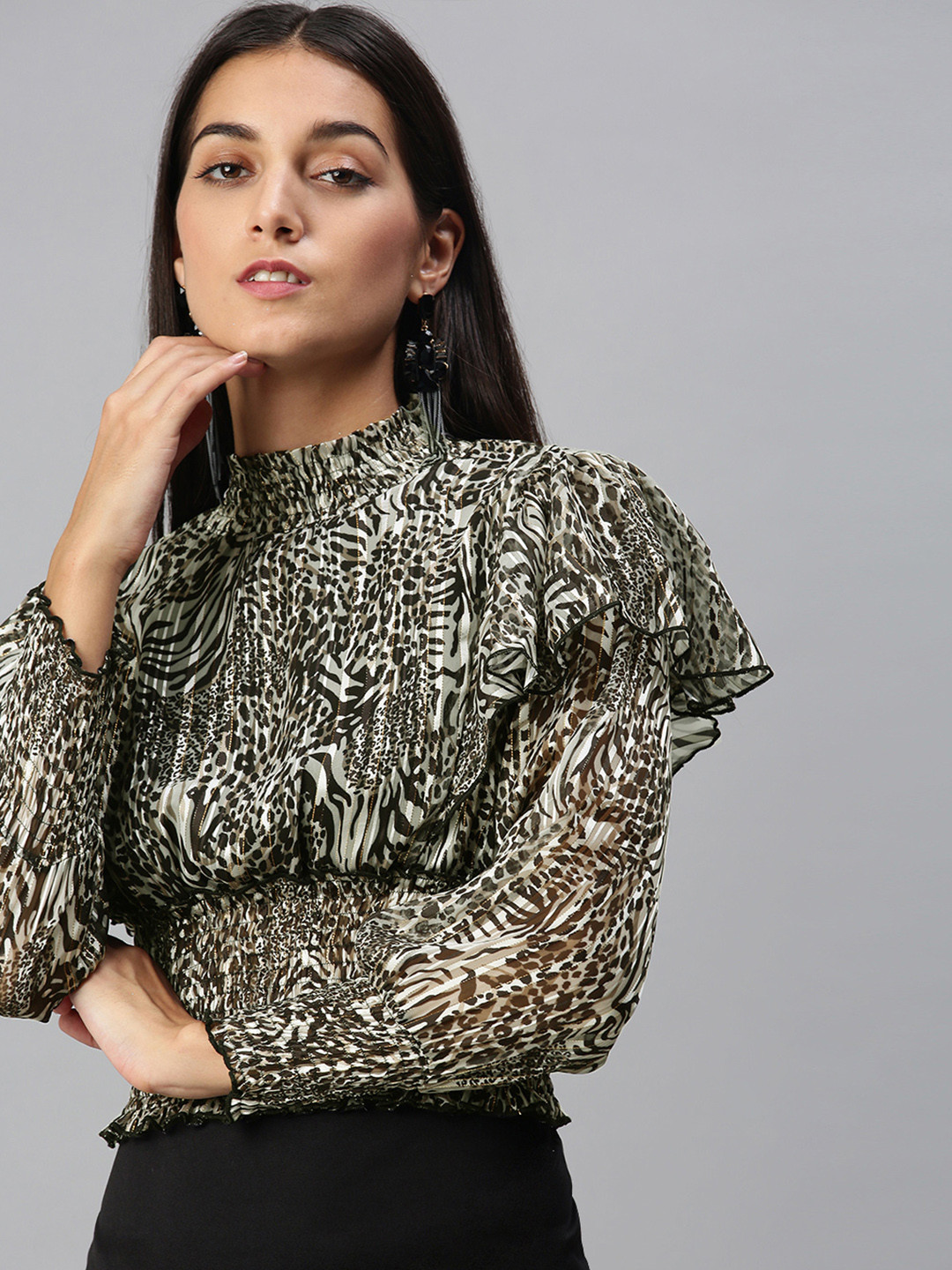 

KASSUALLY Alluring Black and Off White Animal Print Smocked Top