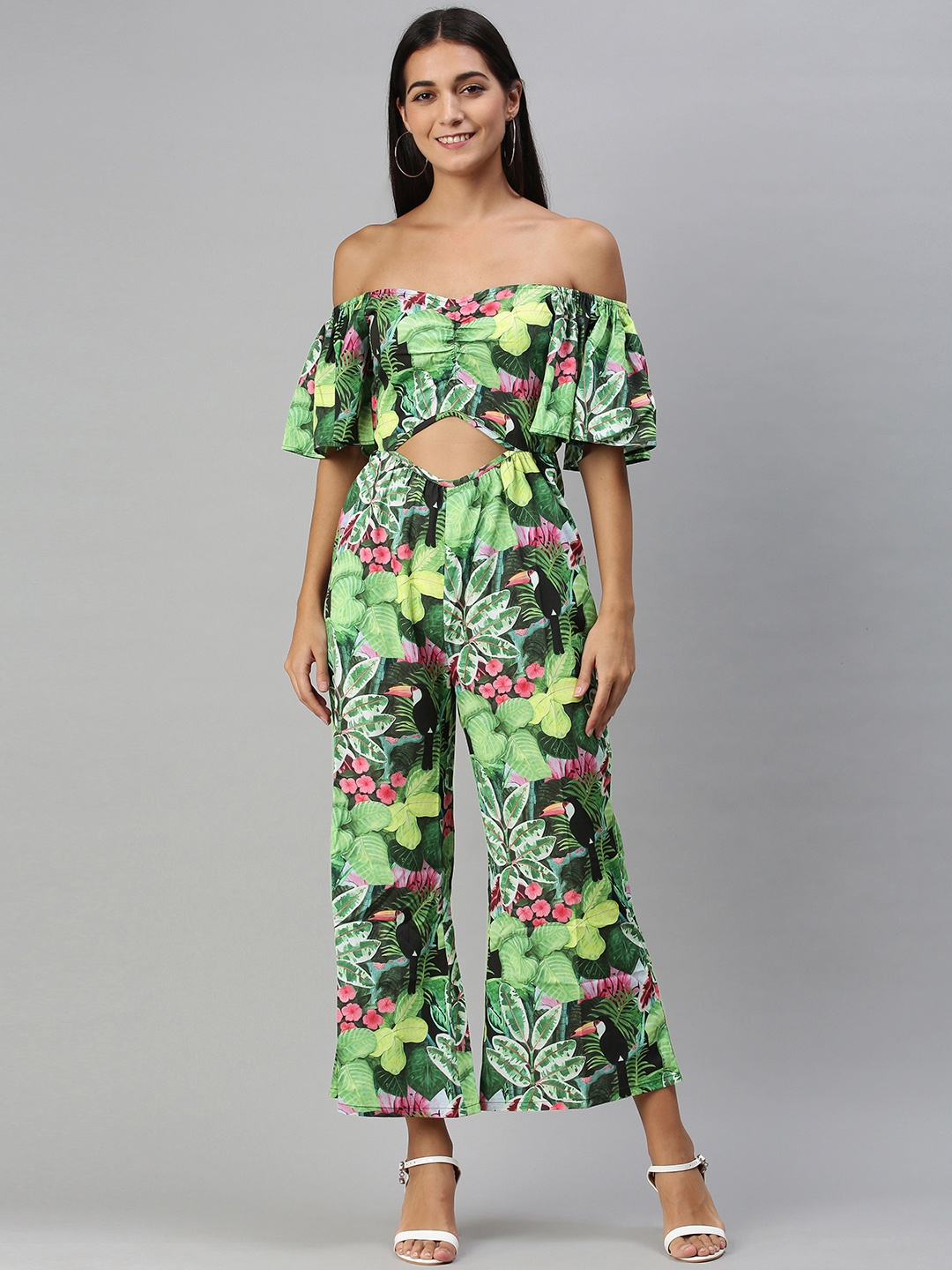 

KASSUALLY Women Green Off-Shoulder Tropical Printed Basic Jumpsuit with Ruffles