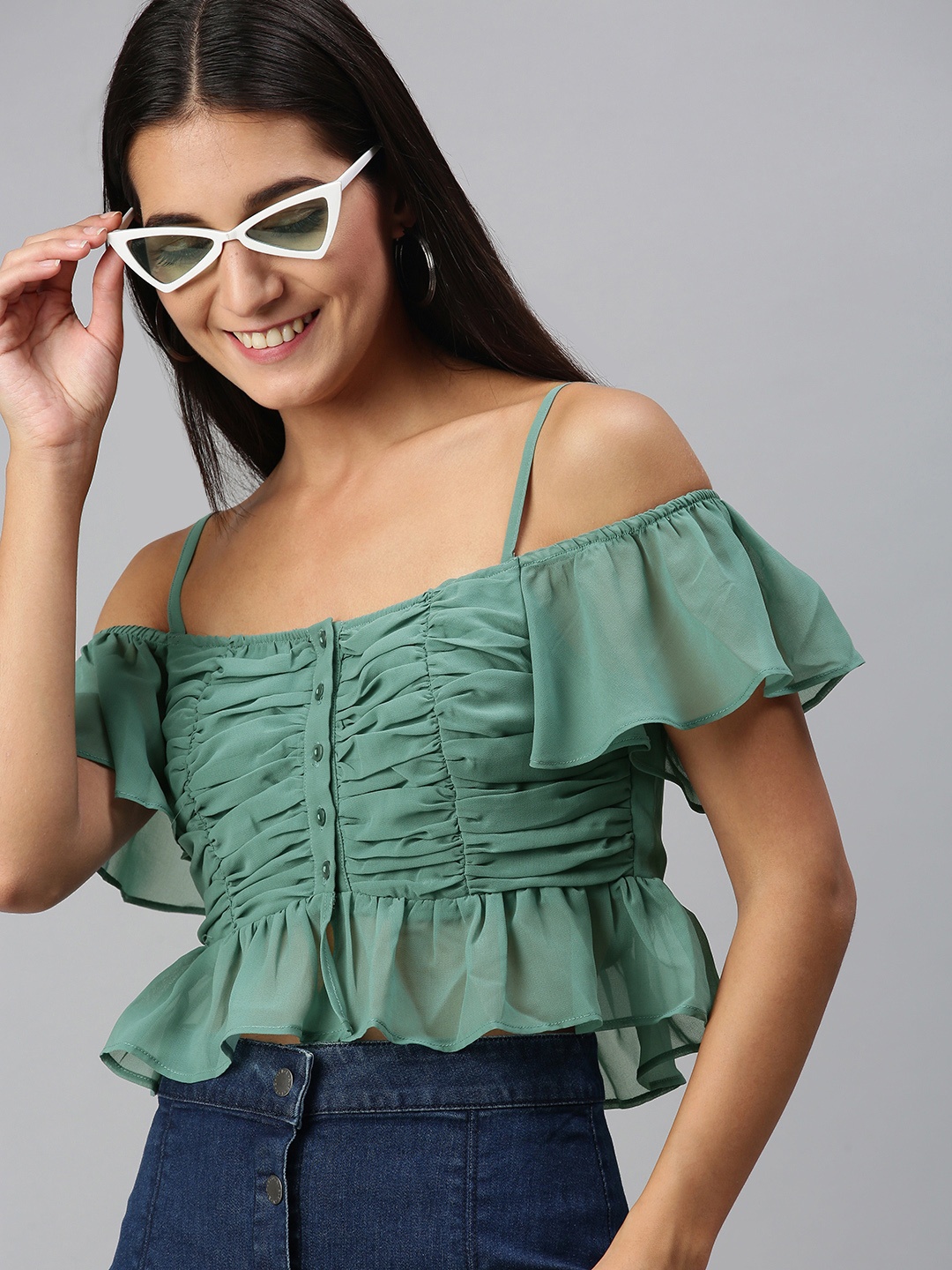 

KASSUALLY Appealing Sea Green Solid Ruched Crop Top