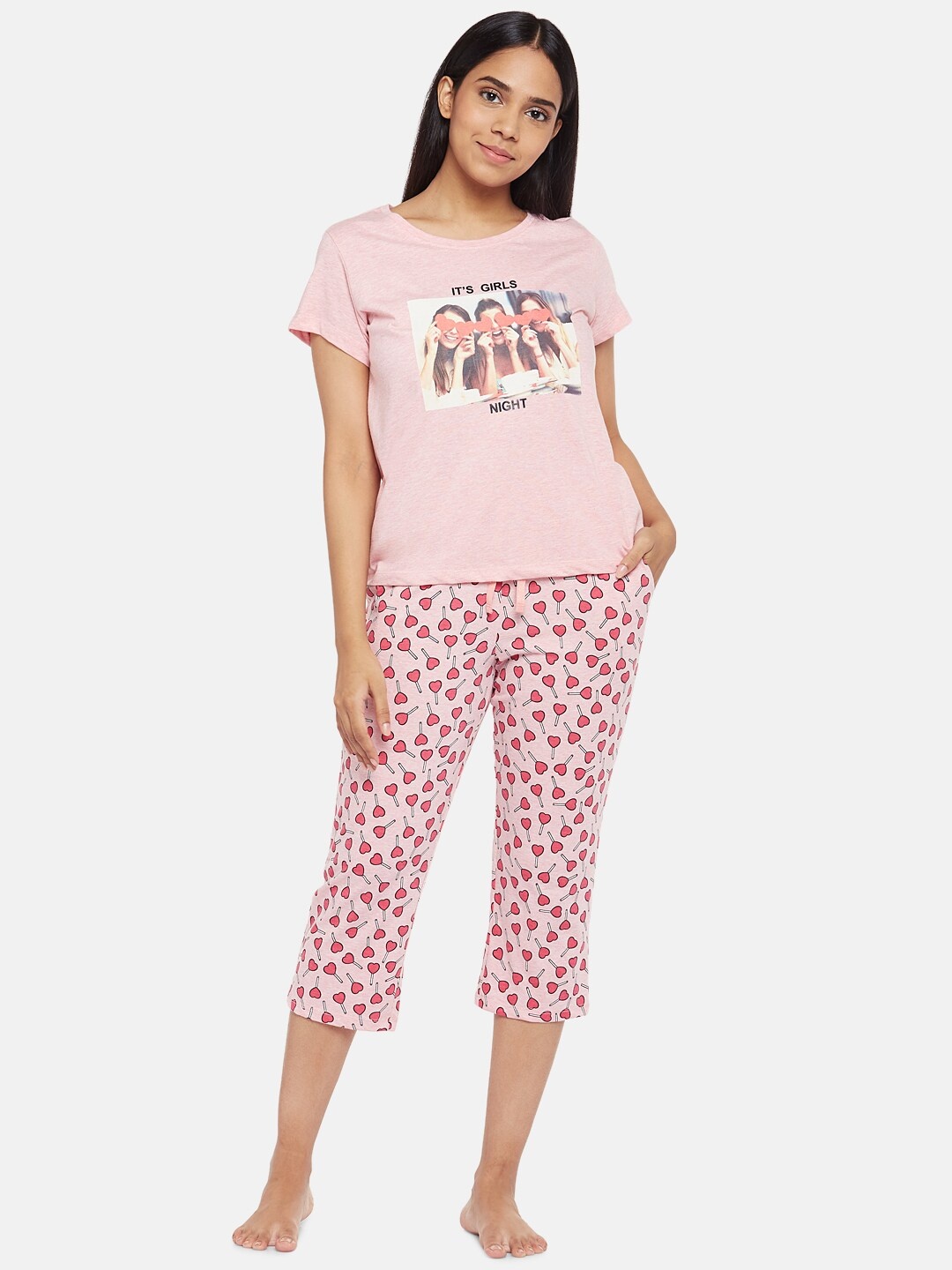 

Dreamz by Pantaloons Women Pink & Red Printed Night Suit