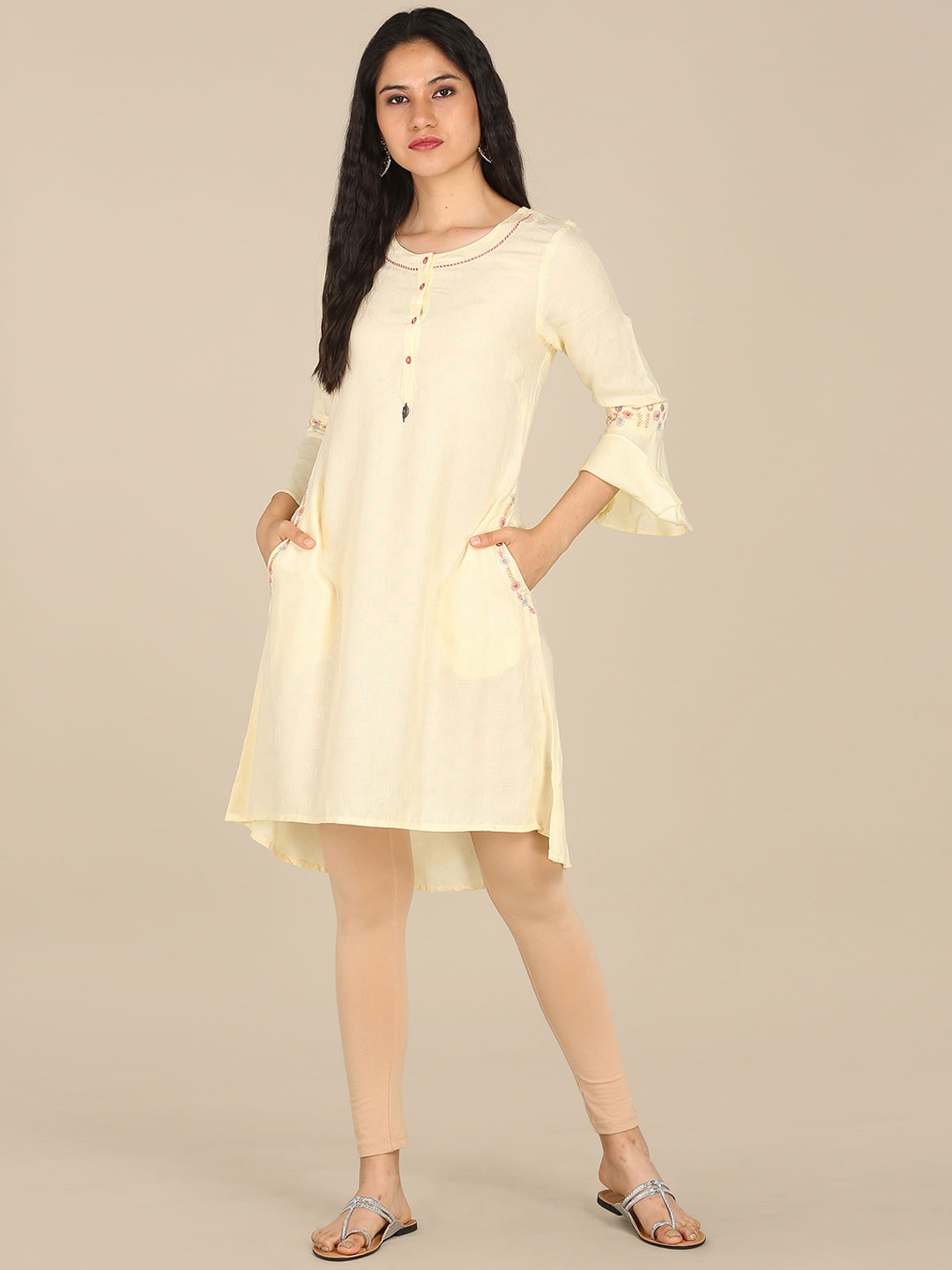 

Karigari Women Off White Bell Sleeves Semi Sheer Kurta