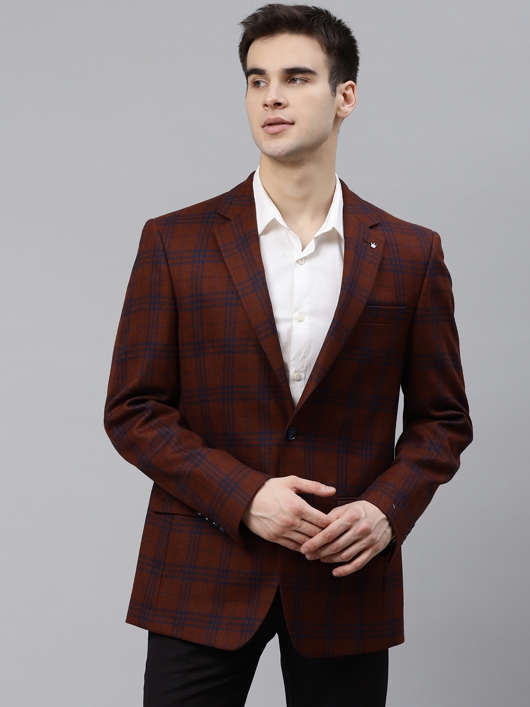 

Louis Philippe Men Rust Brown & Navy Blue Checked Single-Breasted Casual Blazer