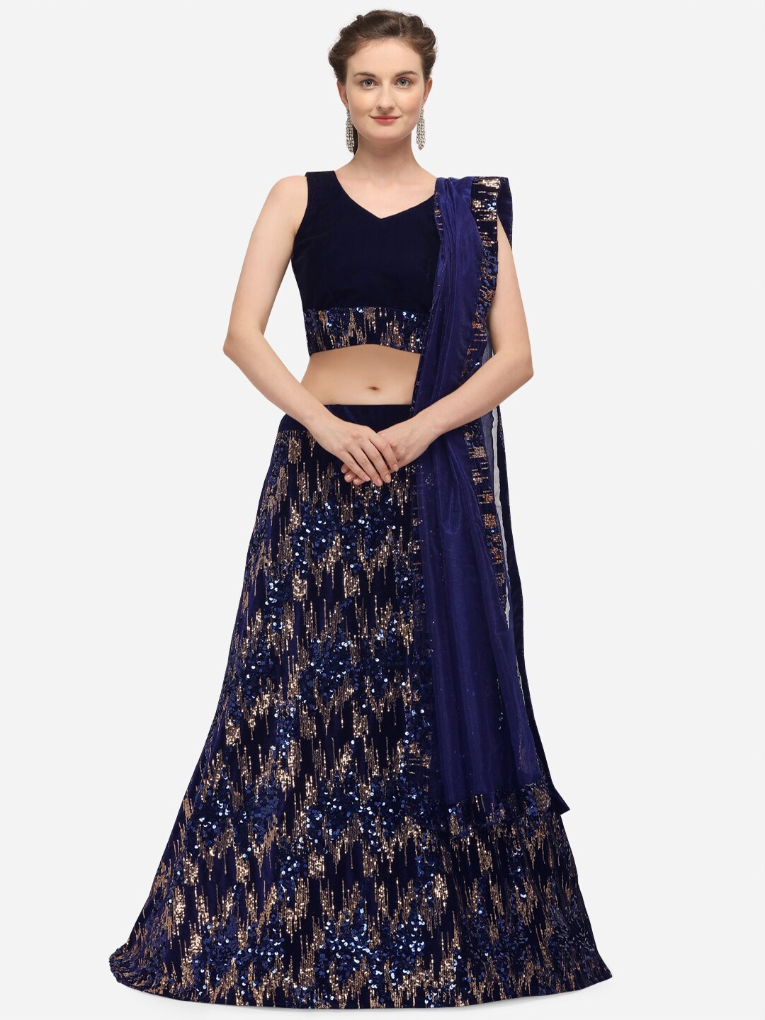 

JATRIQQ Blue & Bronze-Toned Embellished Semi-Stitched Lehenga & Unstitched Blouse with Dupatta