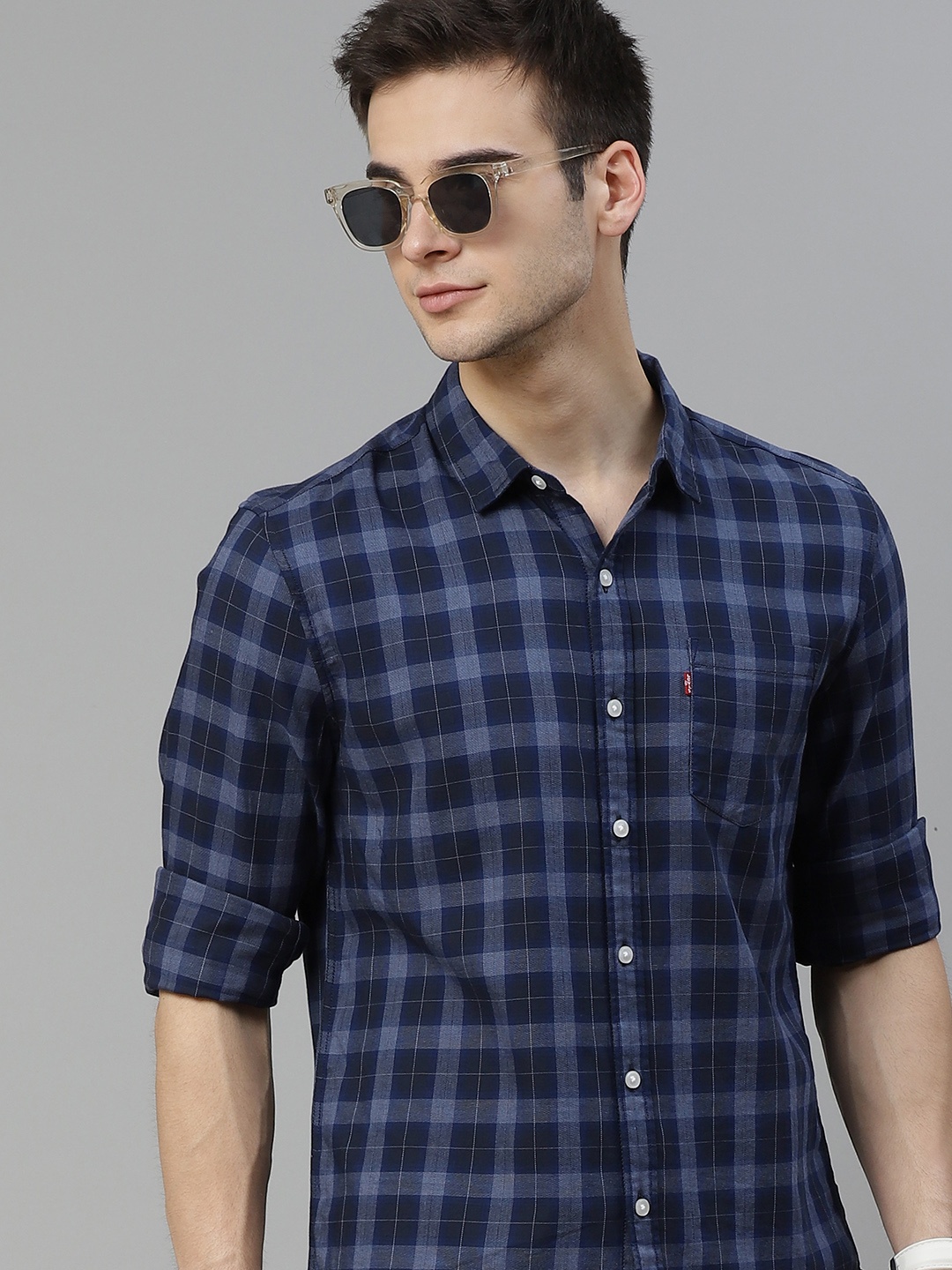 

Levis Men Navy Blue & Grey Slim Fit Pure Cotton Checked Casual Shirt