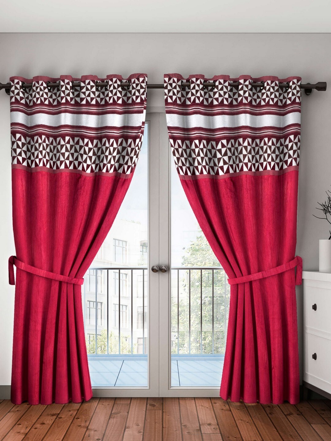 

BIANCA Maroon & White Set of 2 Black Out Door Curtains