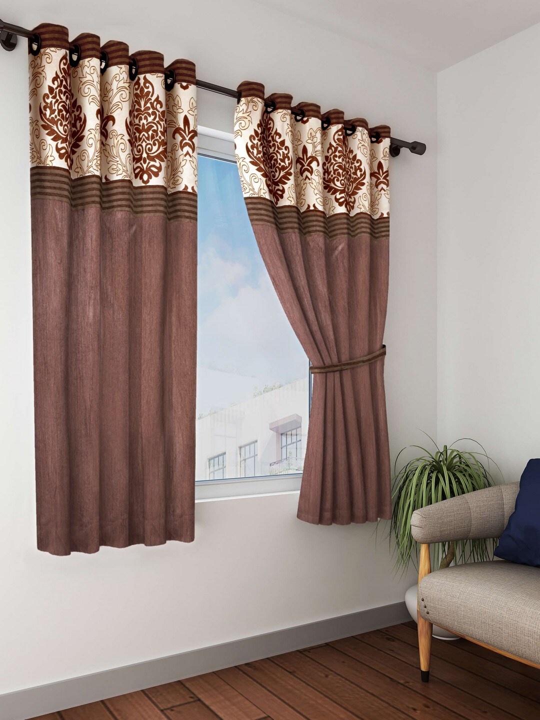 

BIANCA Coffee Brown & Cream-Coloured Set of 2 Black out Window Curtains