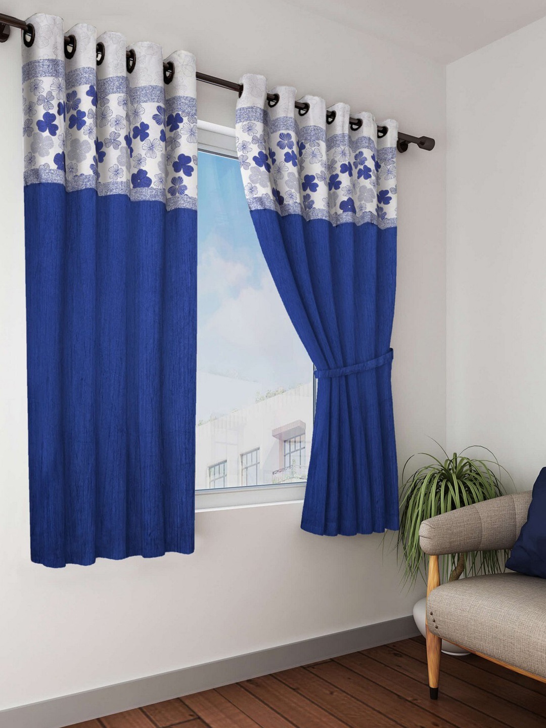 

BIANCA Blue & White Single Black Out Window Curtain
